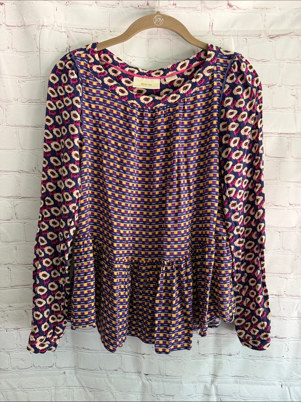 Anthropologie Maeve Purple & Pink Mixed-Print Long Sleeve Peplum Chic Blouse